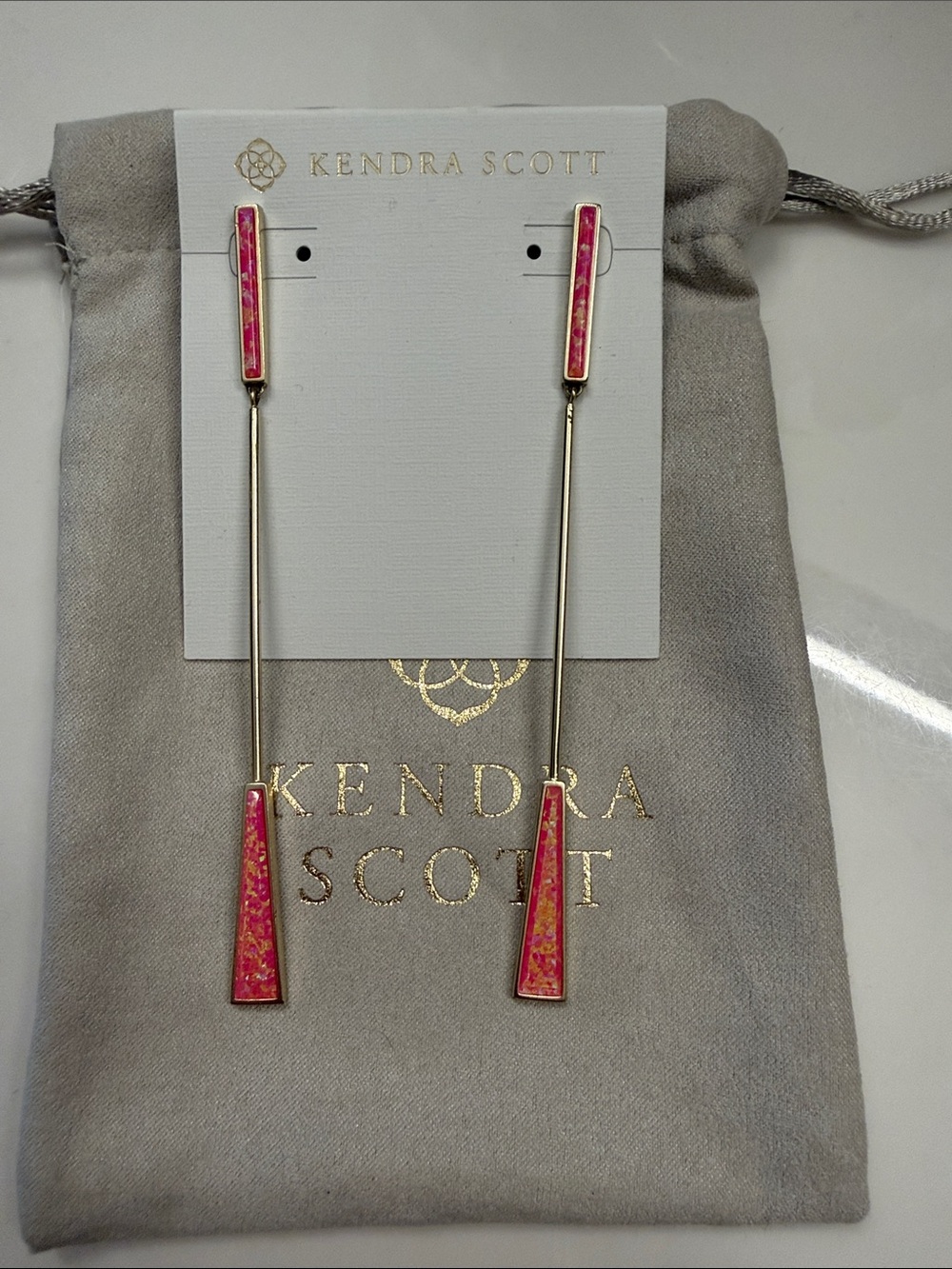 Kendra Scott Gold Long Drop Earrings with Pink Opal Inlay